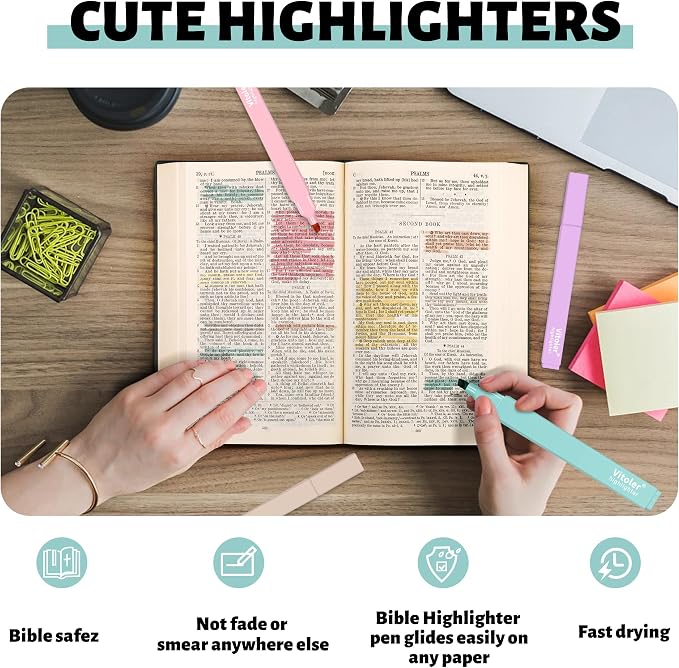 Piochoo Highlighters, Aesthetic Cute Pastel Highlighters Set, 10 pcs, Chisel Tip, No Bleed Bible Highlighter Assorted Colors, Back to School Supplies