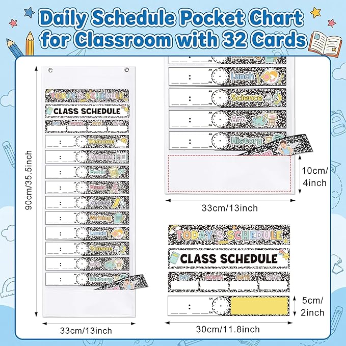 Kolldenn Daily Schedule Pocket Chart, 13+1 Scheduling Pocket Chart with 32 Pieces Reusable Cards Visual Schedule for School Office Home Preschool Activity (Composition)