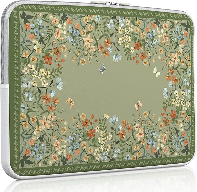 iCasso Computer Sleeve 13 inch,Stylish Girly Laptop Bag Green,13-13.6 inch Waterproof Laptop Sleeve Compatible with MacBook Neo/Air/Pro 13-14 Sleeve, HP Dell ASUS Lenovo Chromebook Notebook, Flowers