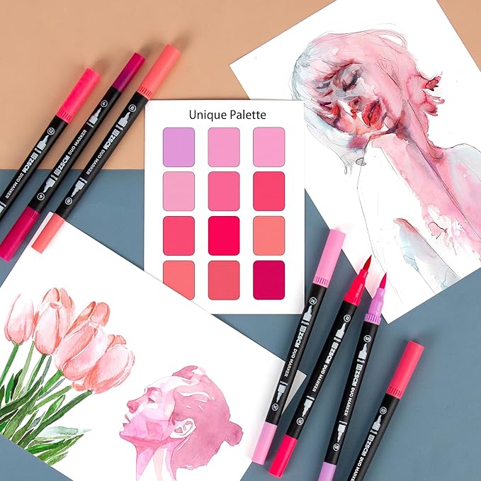 ZSCM Pink Duo Tip Marker Pens, 12 Pack Fine & Brush Markers for Adult Coloring Books No Bleeding, Blushing Pink Markers for Romantic Illustrations, Floral Designs, Cute Doodling and Lettering