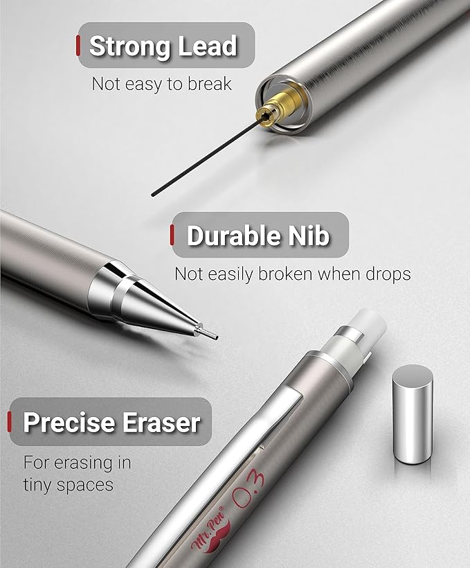 Mr. Pen- Metal Mechanical Pencil Set with Lead Refills & Erasers, 2 Pack, 0.3mm, 4x Tubes HB Lead Refill, 4x Eraser Refills for School Supplies, Note Taking, Drawing, Sketching, Office