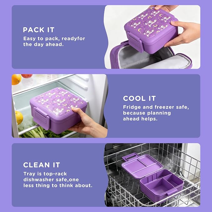 JXXM Bento Lunch Box for Kids With 8oz Soup thermo,Leak-proof Lunch Containers with 5 Compartment,thermo Food Jar and Lunch Bag, Food Containers for School (Purple Unicorn)