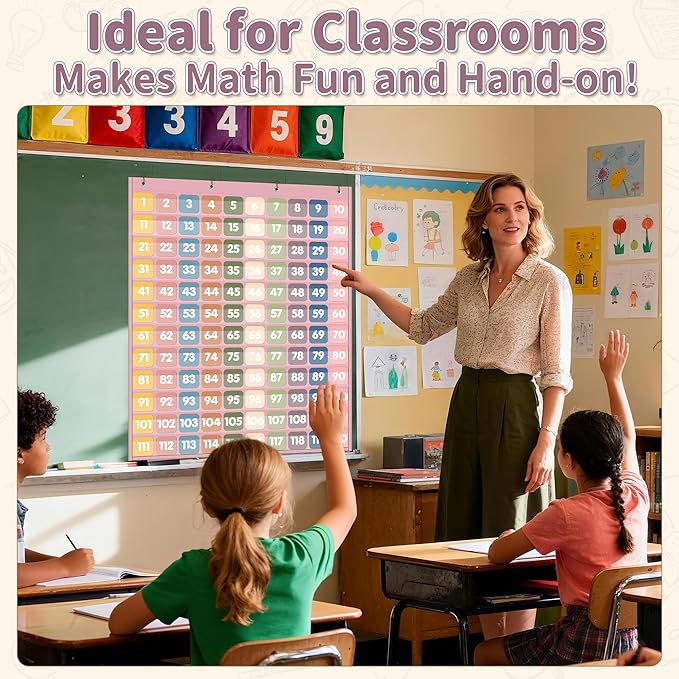 Yoink 120 Pockets Number Chart with 135 Double-Sided Number Cards, Boho Hundred Pocket Chart for Classroom Homeschool Teachers Kids Learning, Pink