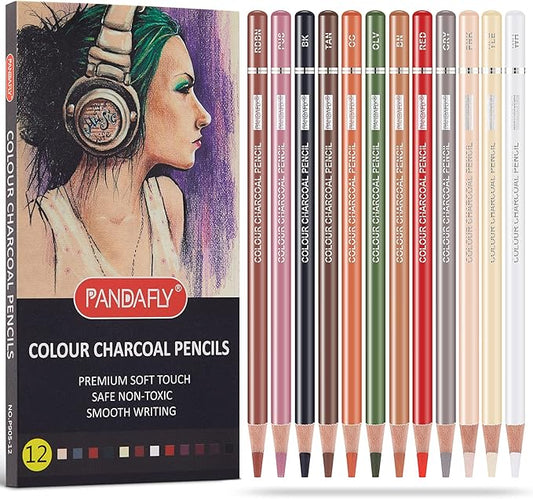 PANDAFLY Professional Colored Charcoal Pencils Drawing Set, Skin Tone Colored Pencil, Pastel Chalk Pencils for Sketching, Shading, Coloring, Layering & Blending, 12 Colors