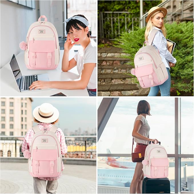WINDARS School Backpack for Teen Girls, Cute College Backpacks for Women Students Aesthetic Bookbag Large 15.6 Inch Laptop Bag Middle School Travel Back Pack (Pink Beige)