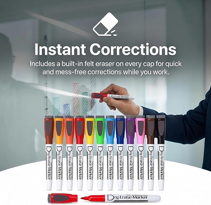Volcanics Magnetic Dry Erase Markers With Eraser Fine Tip Low Odor Thin Whiteboard Markers for Small White Board Markers Dry Erase Pack of 24,10 Colors