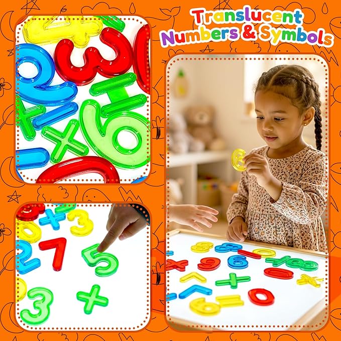 Bbiamsleep 45 Pcs Plastic Numbers and Symbols, Colorful Transparent Numbers Light Table Manipulatives for Sorting Counting Training Spelling