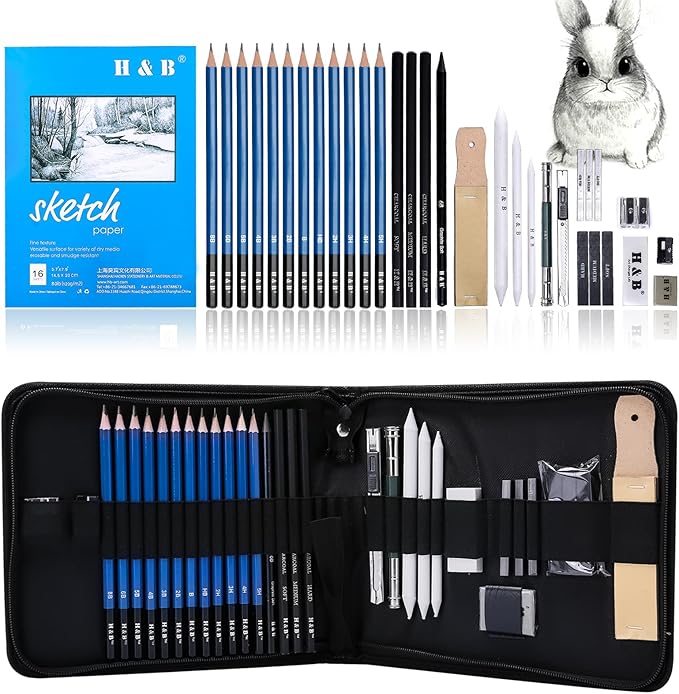 H & B 33 Pieces Drawing Pencils Set, Sketching Pencils Set & Drawing Kit, Includes Sketch Pad, Graphite Pencils, Charcoal Sticks and Eraser, Supplies for Artists/Beginner/Adults