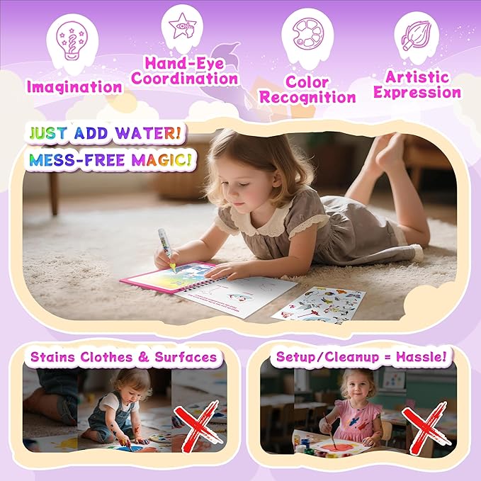 Reusable Water Coloring Books for Toddlers 1-3 with 18+ Stickers & No-Mess Pen, Unicorn Theme Water Coloring Books for Toddlers 1-3, Magic Paintless Painting Book for Toddler, Paintless Painting Book