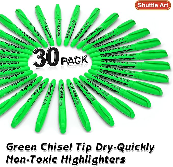 Shuttle Art Highlighters, 30 Pack Green Highlighter Pens Bright Colors, Chisel Tip Dry-Quickly Non-Toxic Highlighter Markers for Adults Teachers Students Highlighting in Home School Office