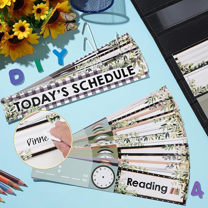 Daily Schedule Pocket Chart for Classroom, 13+1 Pockets with 42 Designed Schedule Cards, Farmhouse Greenery Classroom Kids Daily Schedule Pocket Chart for Home Back to School Classroom Decorations