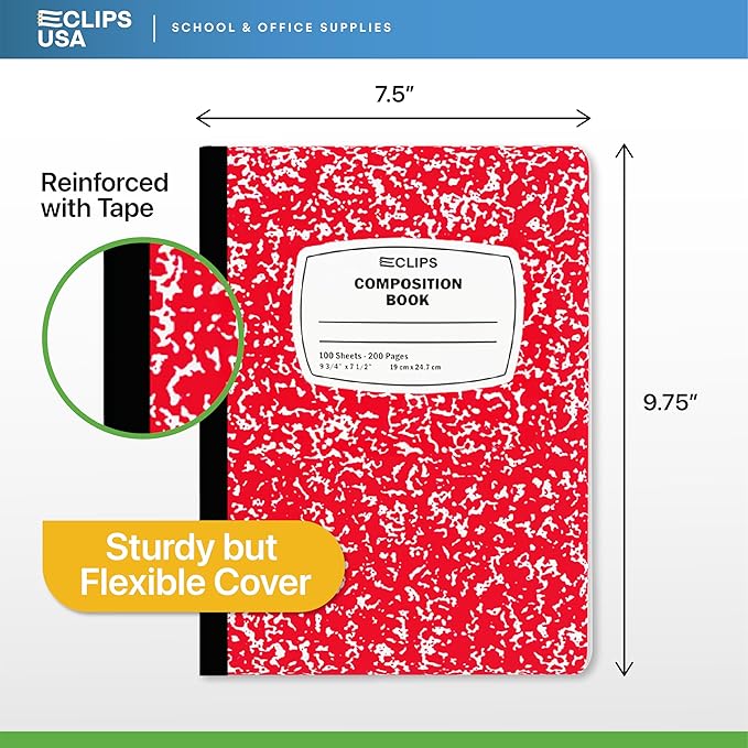 Composition Notebook Wide Ruled Composition Notebooks Bulk Red Marble Hard Cover Wide Ruled Notebook Paper Note Books For Schools Marble Composition Books 100 Sheets 200 Pages 9.75” x 7.25” (6 Pack, Red)