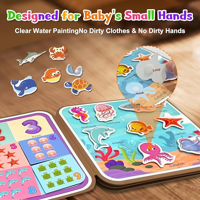 Double-Sided Magical Water Coloring Book for Kids, Reusable Quiet Water Reveal Activity Book with Water Pen, Creative DIY Water Drawing Painting Sticker Busy Books for 3 +Year Old Boys Girls Toddlers