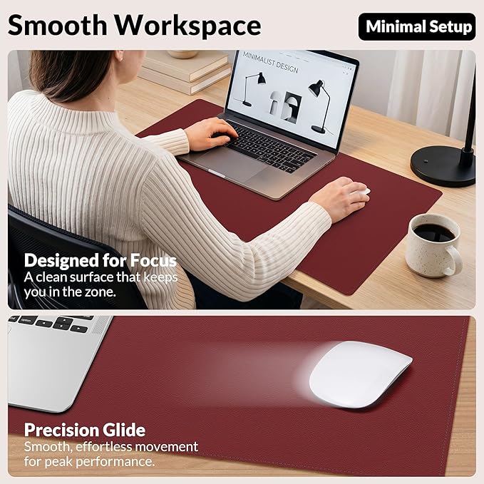 AFIING Leather Desk Pad Protector, Large Mouse Pad, Dual-Sided PU Leather & Natural Cork Desk Mat, Non-Slip Waterproof Laptop Desk Blotter for Office and Home, 23.6" x 13.7", Red