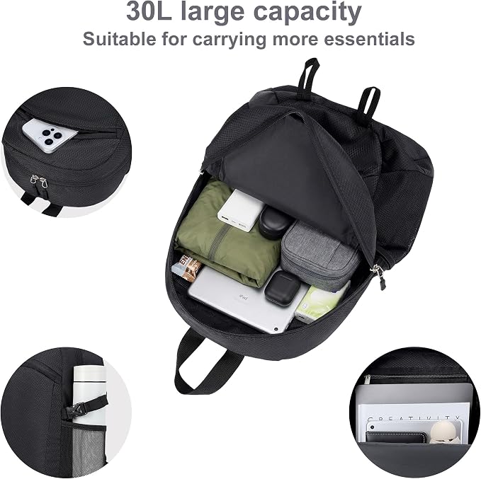Lightweight Hiking Backpack 30L Packable Foldable Daypack Collapsible Travel Bag Water-Resistant for Women Men (Black)