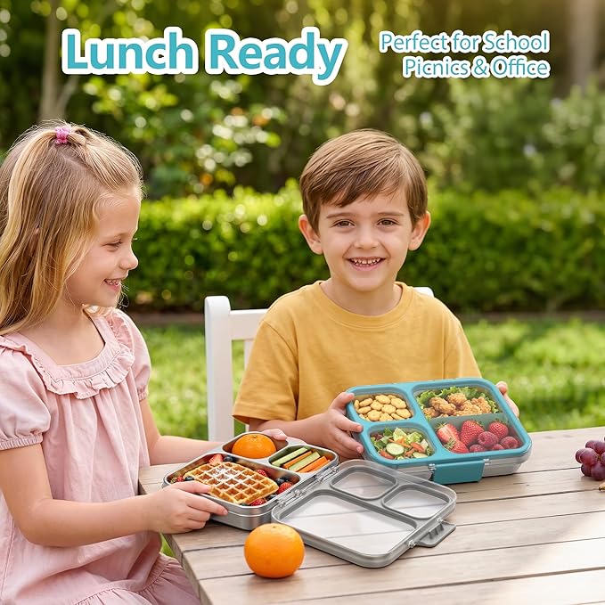 HOMEKOL Stainless Steel Bento Lunch Box, 3-Compartment Leak-Proof Metal Lunch Container for Kids & Adults, BPA-Free, Dishwasher Safe, Clear Tritan Lid, 4.2Cups/1000ml Blue (Not Insulated)
