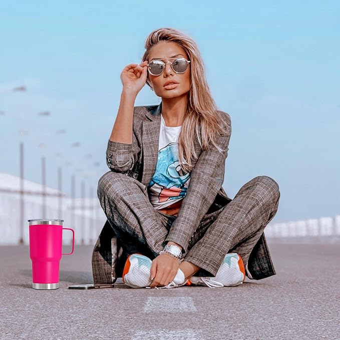 20 oz Tumbler with Handle and Lid, Stainless Steel Tumbler Insulated Travel Coffee Mug, Spill Proof Double Wall Vacuum Tumbler Cup Keep Drink Hot & Cold, Hot Pink, 1 Pack