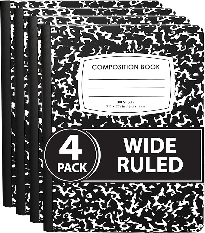 ENVO Composition Notebooks, Wide Ruled Composition Notebook, Black Marble Covers Composition Notebook, 100 sheets (4 Pack, Wide Ruled)