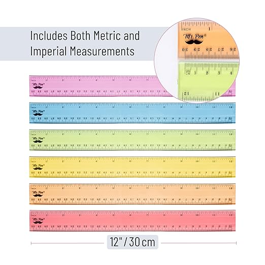 Mr. Pen- Plastic Ruler Set, 6 Pack, 12 Inch, Pastel Colors, Easy-to-Read Markings, Scratch-Resistant Design, Durable Transparent Rulers for Crafting Office & School, School Supplies