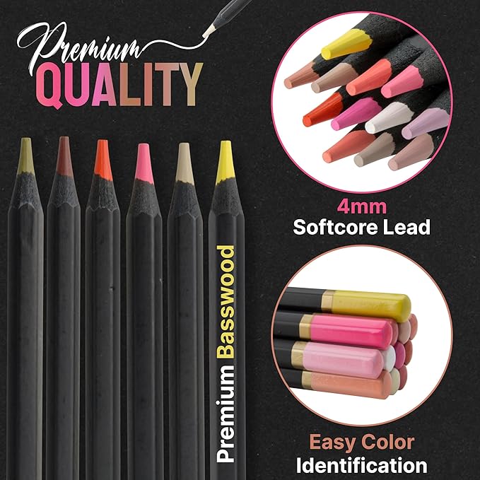 Black Widow Skin Tone Colored Pencils for Adult Coloring Books – 12 Soft Core Color Pencils for Portraits and Skintone Artists – Complete Range with Lightfast Ratings