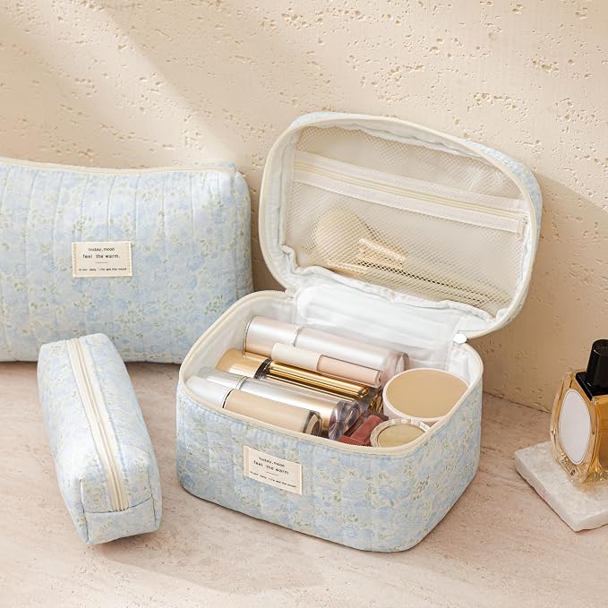 HBselect Quilted Makeup Bag, 3Pcs Cotton Large Travel Makeup Bags Organizer | Cute Floral Make up Bag Cosmetic Bag Toiletry Bag for Women Girls, Makeup Pouch for Skincare, Brushes & Travel Essentials