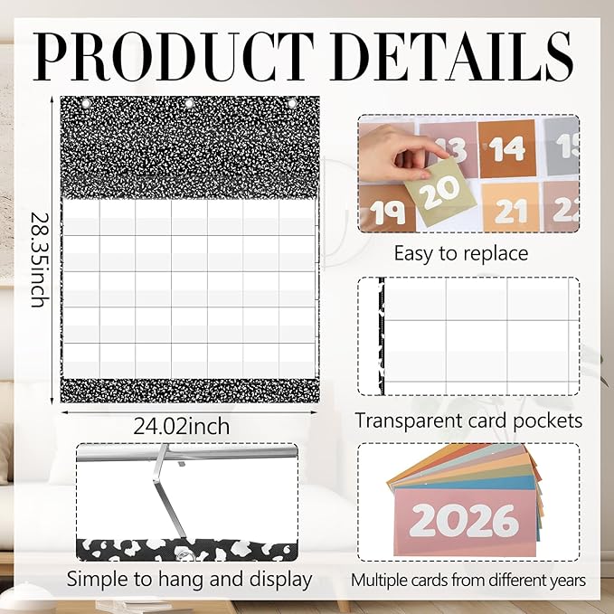 Tinlade Classroom Calendar Pocket Chart Set with 115 Cards 24 x 28 Inch Modern Minimalist Calendar Bulletin Board Pocket 2026–2033 Festival Weather Teacher Supplies for Classroom Wall Decoration