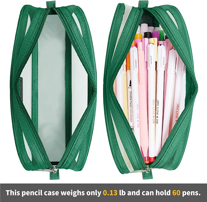 Grid Mesh Pencil Case Pouch Large Capacity Pencil Bag with Zipper | Big Pencil Pouch Dark Green Simple Stationery Bag Aesthetic Pen Bag for School Teen Girl Boy Multi-Purpose Bag for Office Men