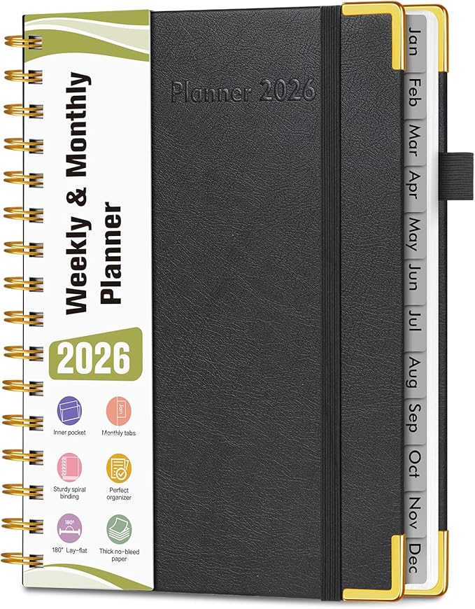 2026 Planner, Hardcover Leather Weekly and Monthly Planner, January 2026 - December 2026, Spiral Yearly Agenda Organizer Book 2026 with Tabs, Daily Calendar Planners for School Work Home, A5 (5.75" x 8.38"), Black