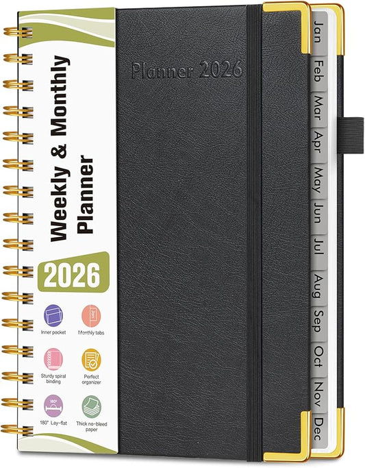 2026 Planner, Hardcover Leather Weekly and Monthly Planner, January 2026 - December 2026, Spiral Yearly Agenda Organizer Book 2026 with Tabs, Daily Calendar Planners for School Work Home, A5 (5.75" x 8.38"), Black