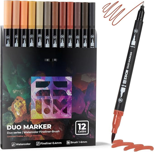 ZSCM Skin Tone Duo Tip Marker Pens, 12 Pack Fine & Brush Markers for Adult Coloring Books No Bleeding, Watercolor Skin Tone Markers for Hair and Portrait Sketch Drawing Lettering Writing Calligraphy