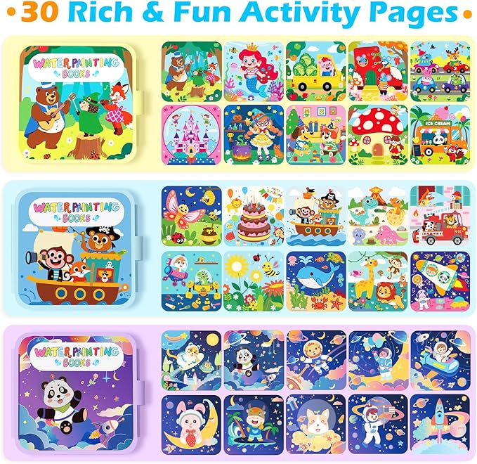 BATHKITS Reusable Water Painting Book for Kids - 3 Pack Magic Water Coloring Books with Water Pens, Fairy Tale, Animal & Space Themes | No Mess Paint, Travel Activity Toy, Gift Box, 30 Pages, Ages 3+