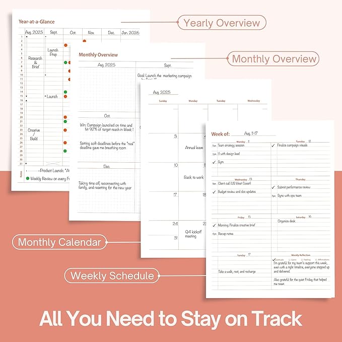 Undated Weekly Planner, 8.5" x 11", Dashboard Layout with Yearly Review, Monthly Calendars, & Weekly To Do List, Spiral Bound Organizer for Work, Study & Life (Blush White)