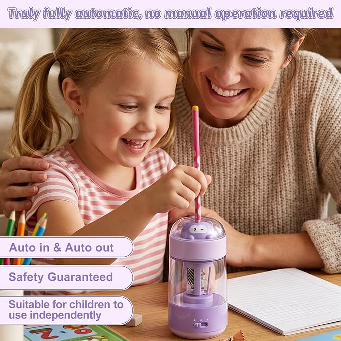 Rechargeable Automatic Electric Pencil Sharpener, Auto in & Out 3 Adjustable Thickness, Type-C Charging, Cute DIY Stickers, for 6-8mm Pencils, 3s Fast Sharpening, Ideal for School & Home (Purple)