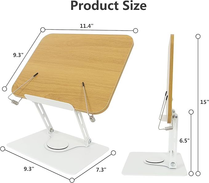 Book Stand for Reading,360°Rotating Base Book Holder for Reading Hands Free,Cookbook Stand,Wooden Panel Aluminium Base Stand for Cookbook,Laptop,Textbook