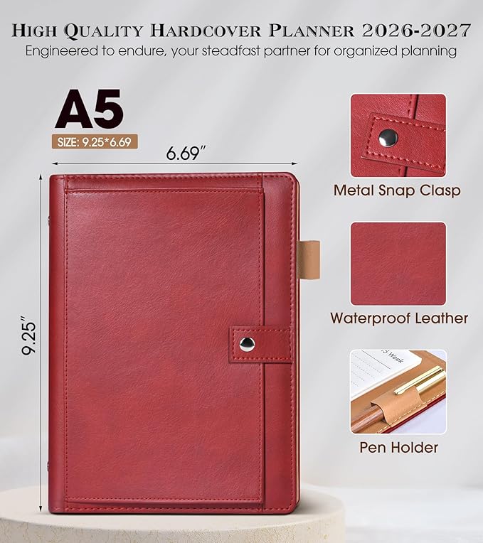 Planner 2026-2027, Academic Weekly and Monthly Calendar Planner from July 2026 - June 2027, Hardcover Leather Daily Agenda Book with Tabs, A5 College School Organizer for Student Teacher, Wine Red