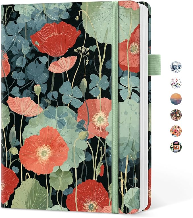 Taja Pretty Lined Journal for Women, Aesthetic Cute Hardcover Leather Journal for Writing, A5 College Ruled Notebook for Work & Note Taking, Perfect for Office School Home, 160 Pages, Poppy Garden