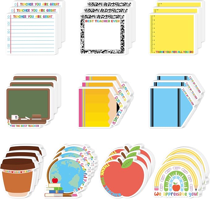 Xqumoi 30 Pack Teacher Appreciation Sticky Notes - Teacher Notepads Blackboard Apple Pencil Shaped Self-Adhesive Writing Memo Pads Set Page Marker for Back to School Gift Classroom Office Supplies