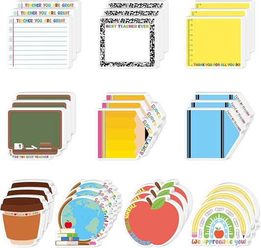 Xqumoi 30 Pack Teacher Appreciation Sticky Notes - Teacher Notepads Blackboard Apple Pencil Shaped Self-Adhesive Writing Memo Pads Set Page Marker for Back to School Gift Classroom Office Supplies