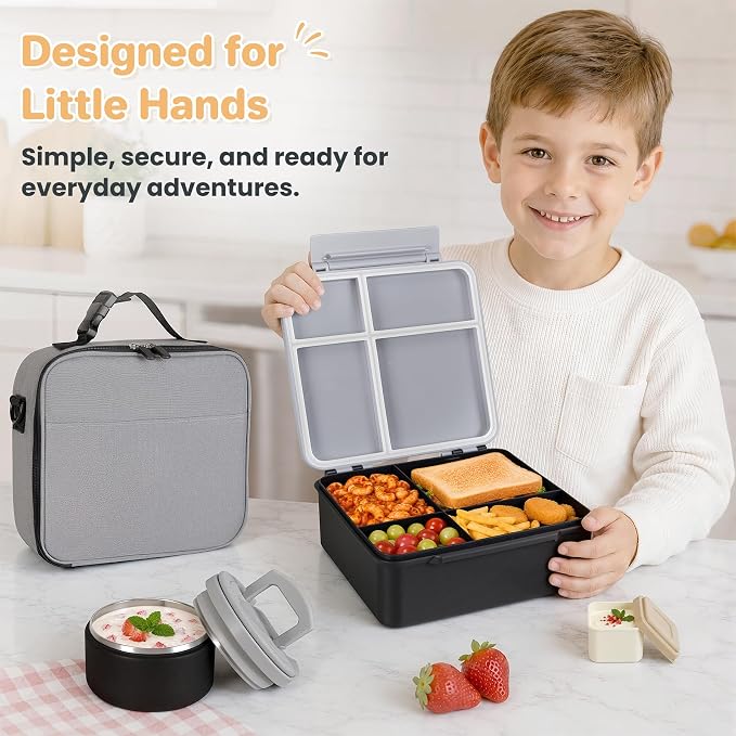 Bento Lunch Box with 8oz Soup Thermo,Kids Leakproof 4 Compartment Lunch Food Containers with Sauce Cup and Ice Pack,Kids Thermo Insulated Hot Food Jar and Lunch Bag for School,Trvael-Black