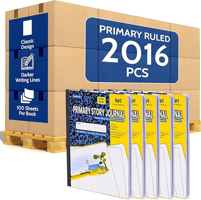 2016 Pack (Pallet) EPI Primary Ruled Composition Notebook Bulk, 200 pages (100 Sheets), 9-3/4 x 7-1/2, Blank Top Header For Drawing, Story Paper, Heavy Duty, School Supplies, Grades K-2, Sewn Binding