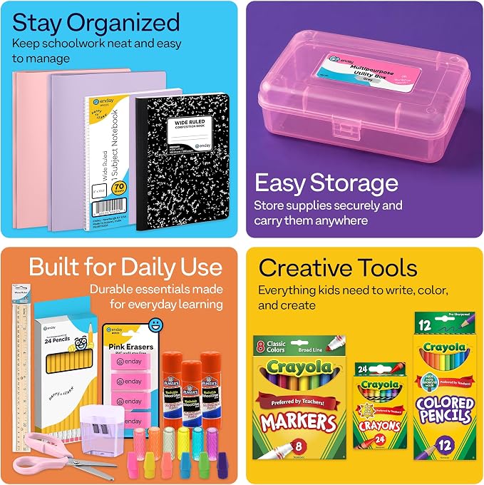 Enday Back to School Supplies for Kids - Pastel Kids School Supply Box, School Supplies Kit with Folders, Notebook, Composition Book, Pencils, Scissors, Markers, Crayons & Glue Sticks