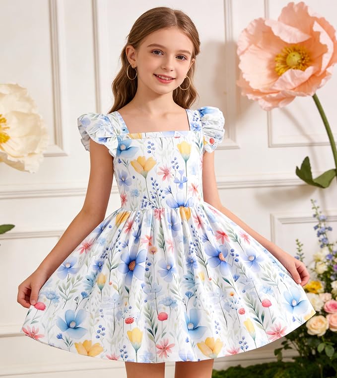 Popshion Girls Dresses Flutter Sleeve Swing Sundress Toddler Summer Clothes Kid Birthday Party Sleeveless Dress 1-8 Years Old
