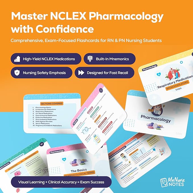 My Nurse Notes Pharmacology Flashcards for NCLEX – 99 Color-Coded Study Cards for RN & PN Nursing Students | High-Yield Medications, Built-in Mnemonics, Nursing Considerations & Fast Recall Design