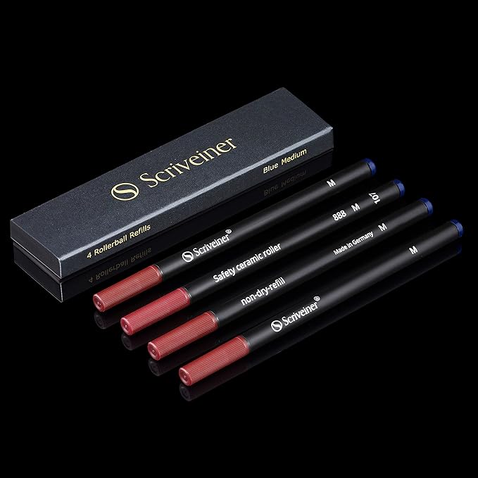 Scriveiner Rollerball Refill Blue Medium - 4 Rollerball Refills Designed for Scriveiner Pens - Safety Ceramic Non Dry Roller Pen Refill M - Schmidt 888 Size – Made in Germany