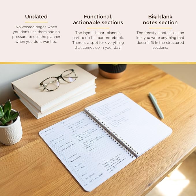 Simple Daily Planner Undated with Hourly Schedule - 6.5x9.25" Sage Green Day Planner & Spiral To Do List Notebook - Aesthetic and Cute Work Journal, Task Organizer Notepad and Productivity Planners