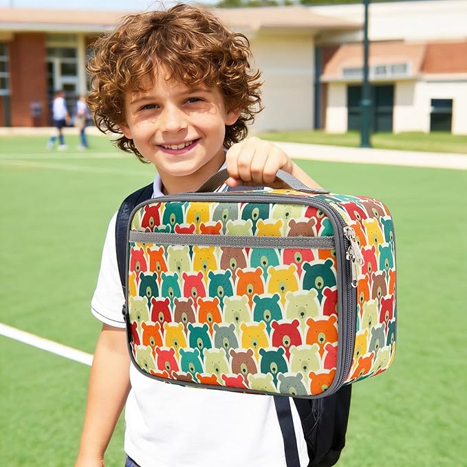 FlowFly Kids Lunch box Insulated Soft Bag Mini Cooler Back to School Thermal Meal Tote Kit for Girls, Boys, Bear