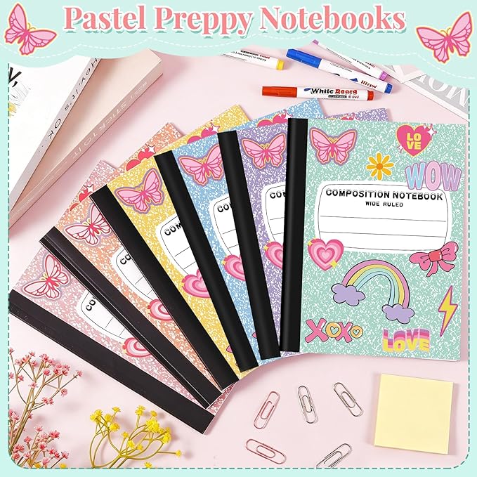 FOGWOWO 6 Pack Marble Composition Notebook Wide Ruled,Pastel Preppy Composition Notebooks Bulk,Assorted Colors Back to School Marble Notebooks 80 Pages (40 Sheets) 9.75x7.5 Inches