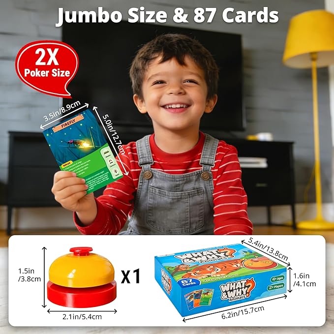 rokt&razo, What&Why? 87 Jumbo Cards with the Bell, Guess the Animal Card Game, Fun Educational Trivia Game for Kids & Family, 3 Difficulty Levels, Stocking Stuffer, for Home, School & Travel, Ages 4+