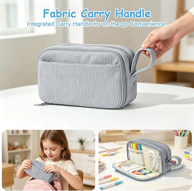 BuyCard Grey Corduroy Pencil Case, Large Capacity Zipper Pouch, Gray, Casual Style, Supplies Organizer for Teen Girls and Boys