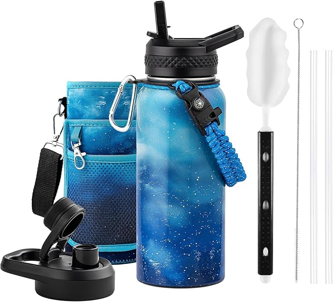 RAYMYLO Insulated Water Bottle 32 oz, Triple Wall Vacuum Stainless Steel (Cold for 24Hrs, Hot for 12Hrs), Leak Proof & Non-BPA, Modern Water Flask Jug with Paracord Handle & Straw Spout Lids